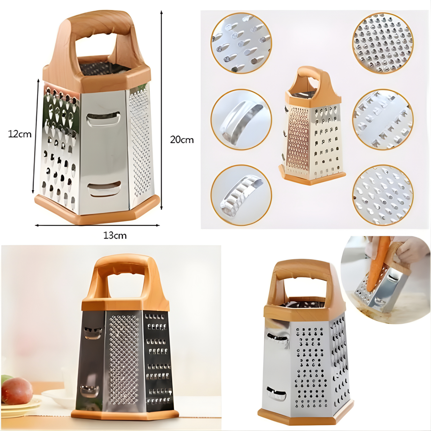 4-Side Stainless Steel Box Grater with Wooden Handle