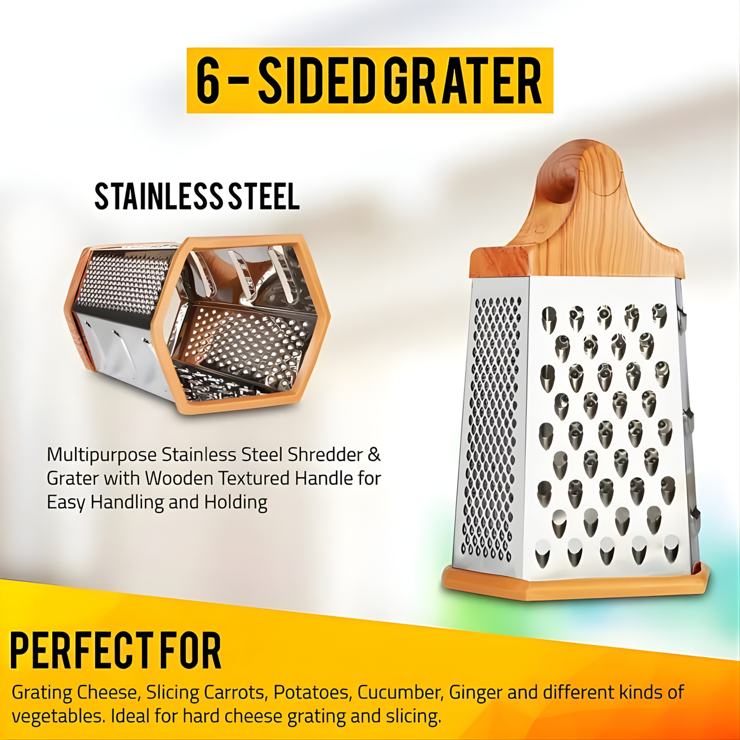 4-Side Stainless Steel Box Grater with Wooden Handle